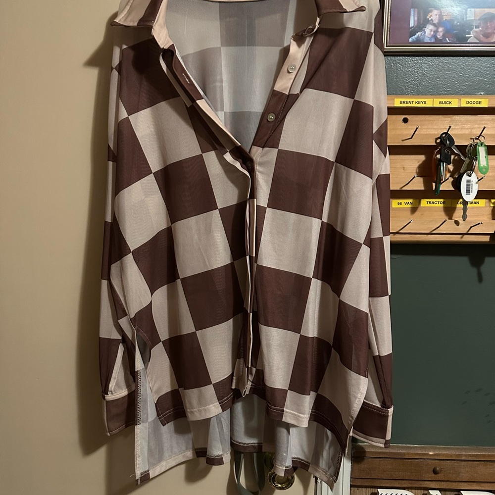 Women's Brown Checkered Button Down Shirt
